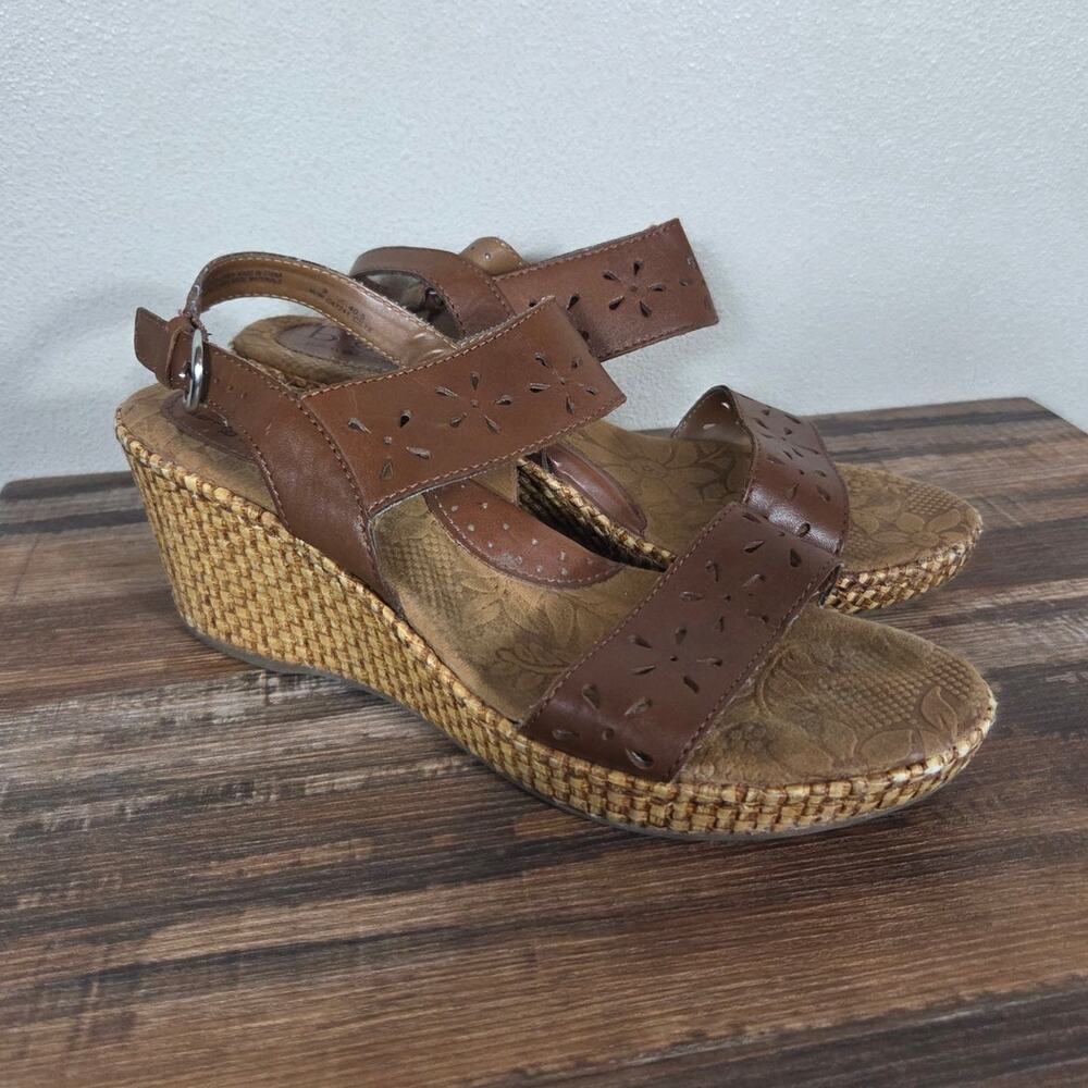 Born Concept Woman's Brown Leather Wedge Heel Tan Weave Sandal Size 9